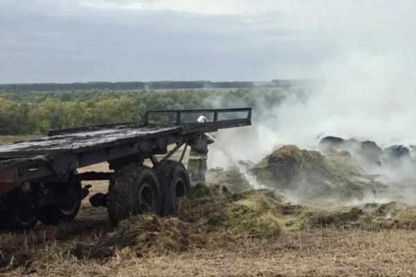 В Рязанской области от искры трактора загорелась телега с сеном